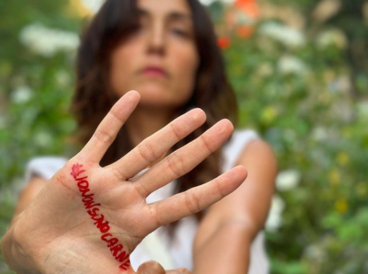 Caterina Balivo mostra la mano con l'hashtag #iononsonocarne